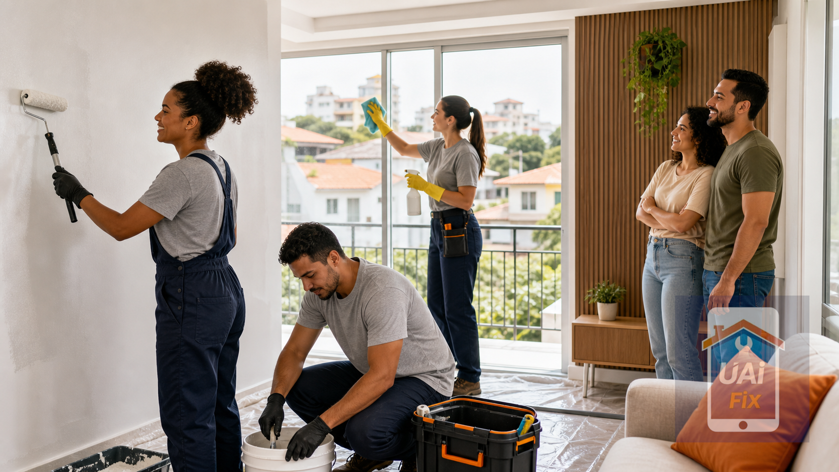 Equipe realizando pintura e limpeza em uma residência