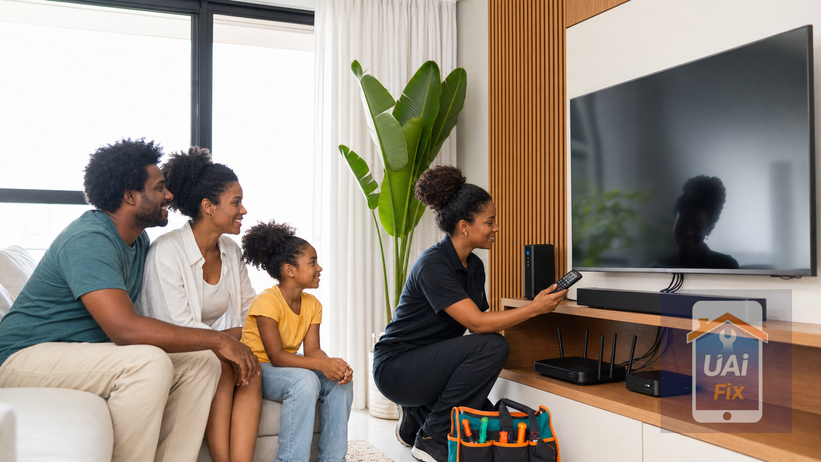 Família acompanhando a configuração personalizada de TV, som e internet em casa